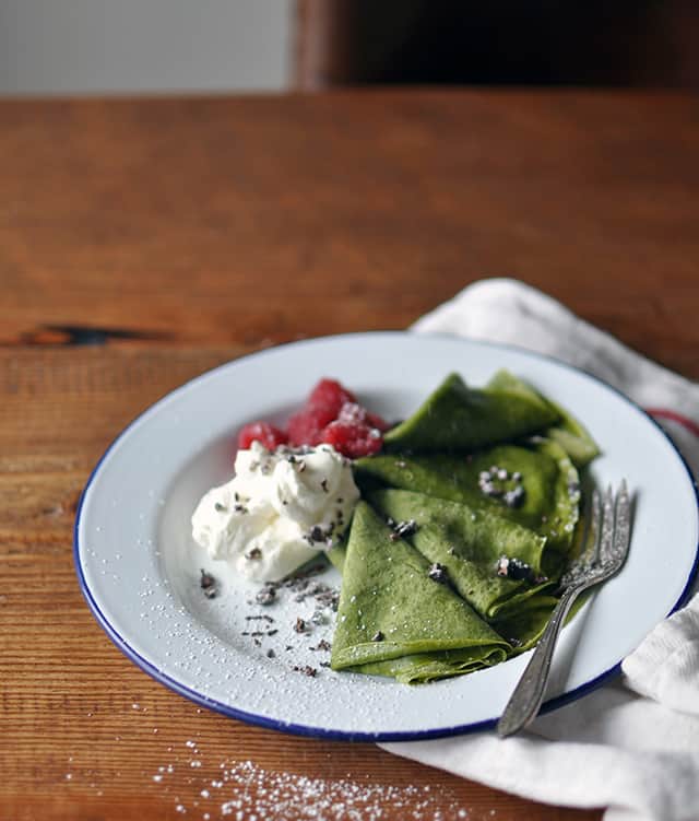 Matcha Crepes with Whipped Cream, Berries, and Cacao Nibs