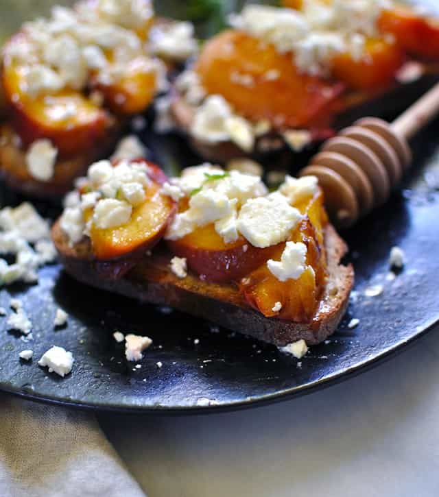 Grilled Peach Crostini with Feta and Fir Honey