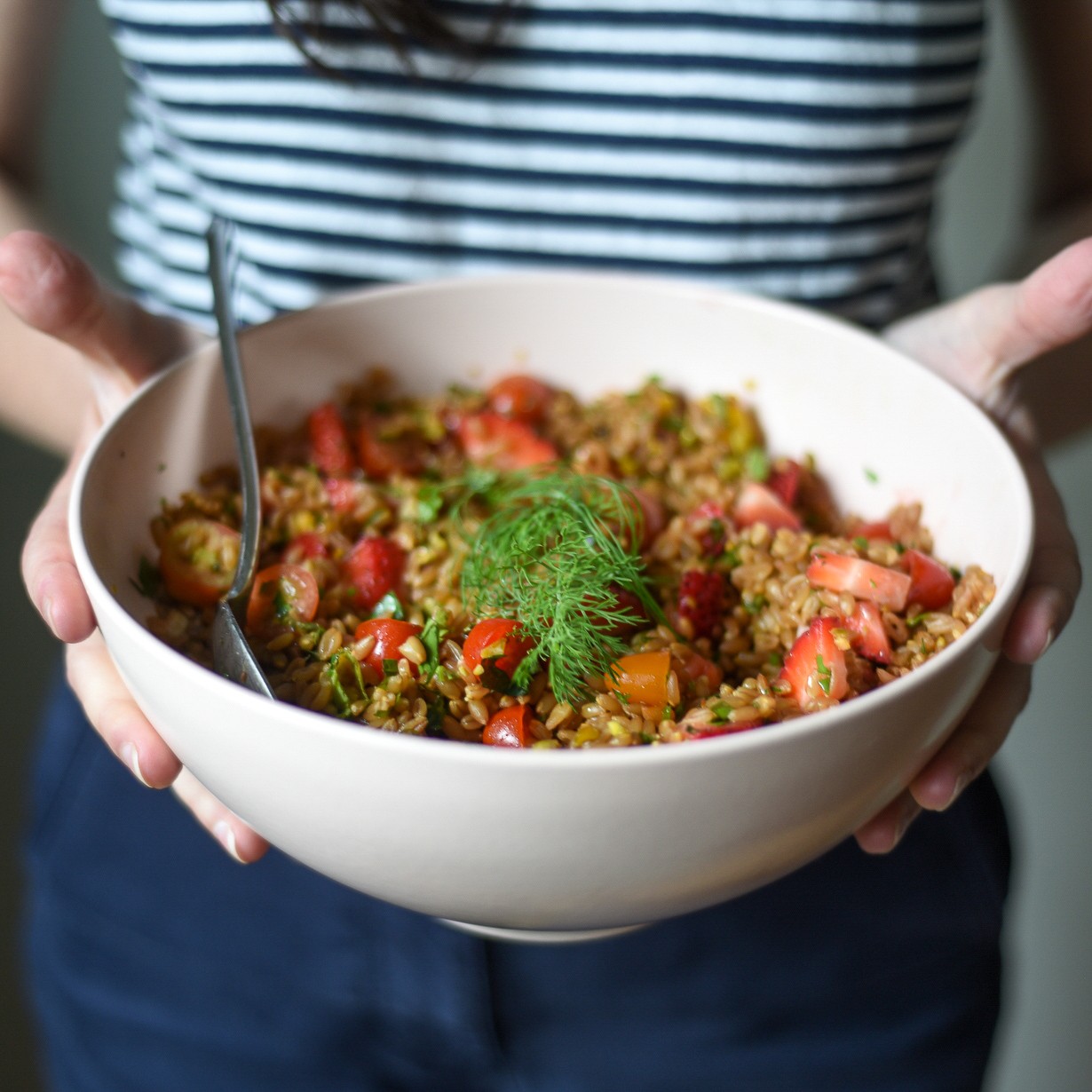 Farro Salad with Strawberries, Tomatoes, and Pistachios