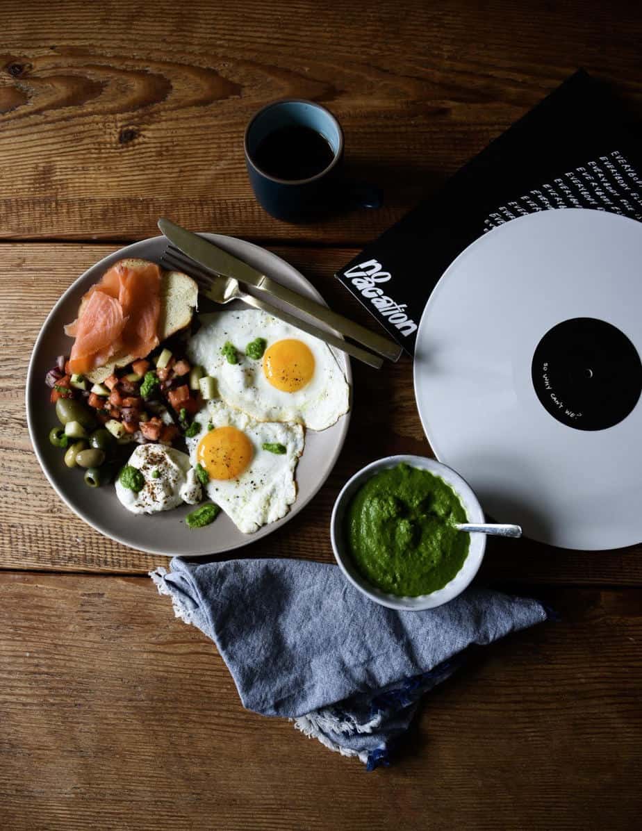 It’s the sum of its parts that makes this Israeli breakfast plate -- complete with a simple, spicy green schug -- one to remember.