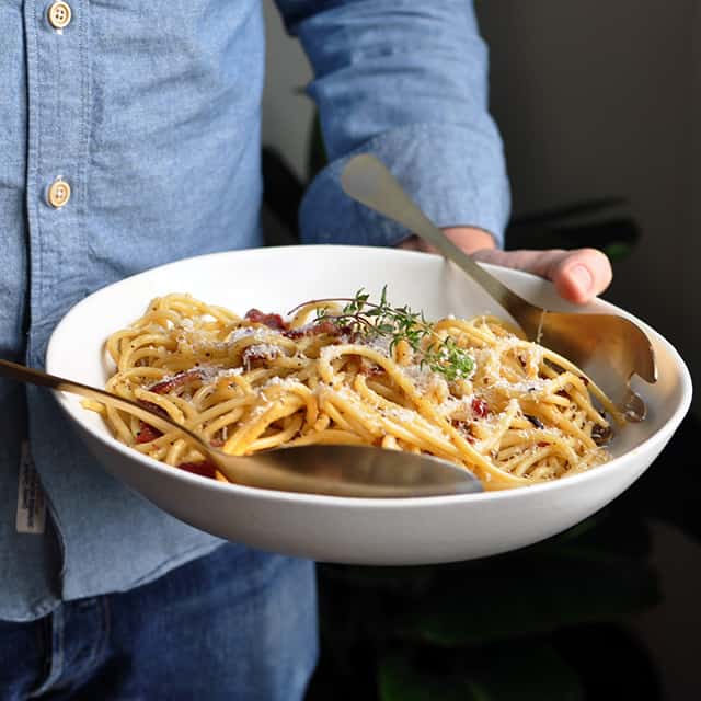 Easy pasta carbonara with bacon and eggs, no cream