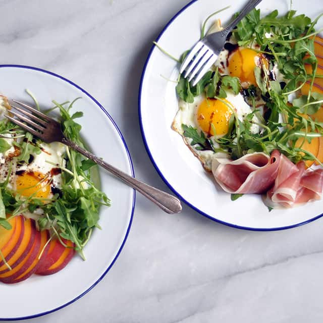 Balsamic Eggs with Peaches and Prosciutto