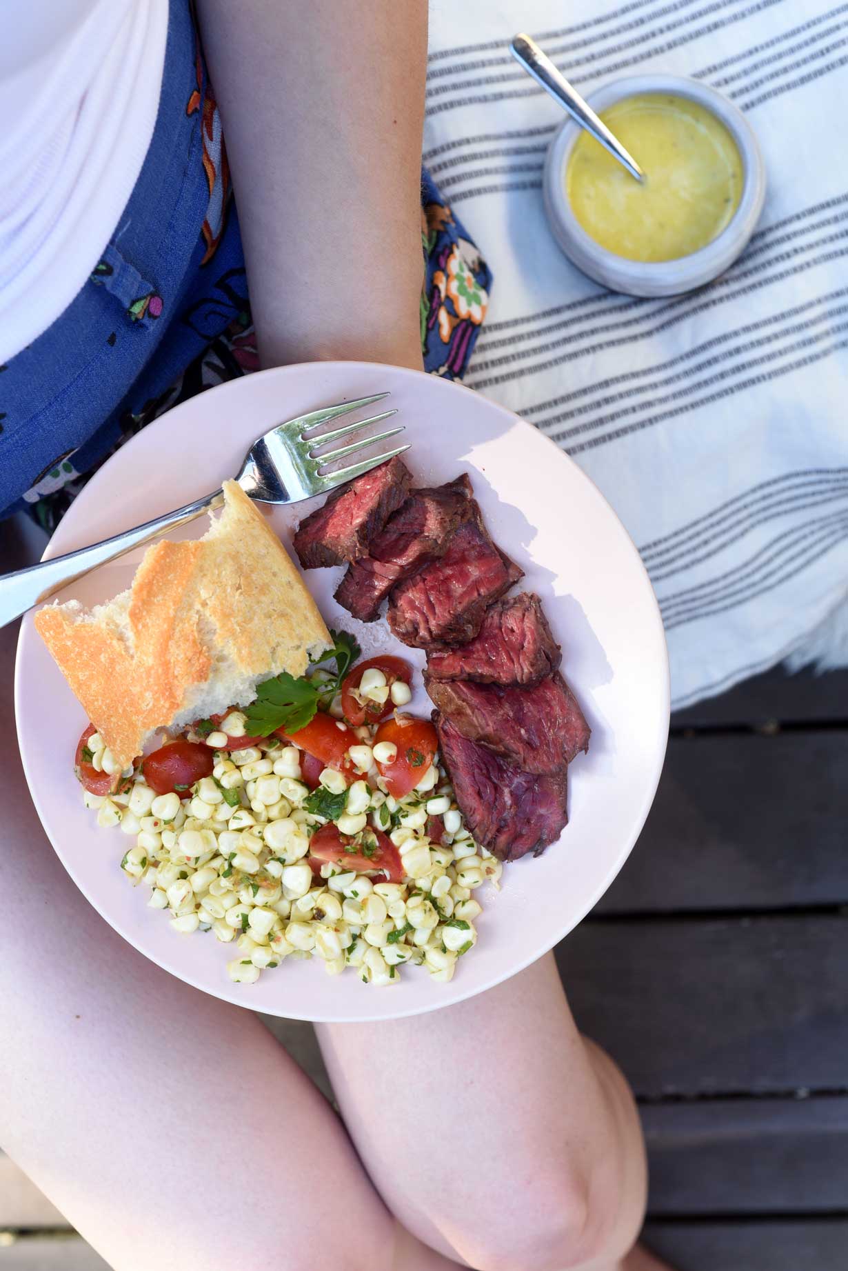 Hanger Steak with Mojo Sauce and Lime-Marinated Corn Salad