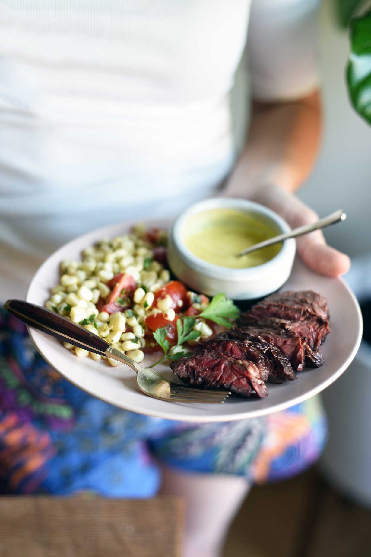 Hanger Steak with Mojo Sauce and Lime-Marinated Corn Salad