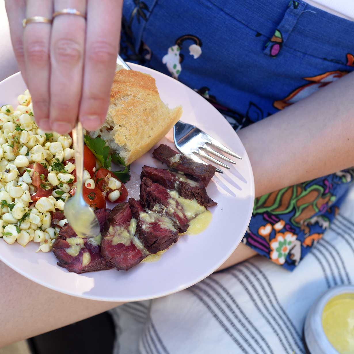 Hanger Steak with Mojo Sauce and Lime-Marinated Corn Salad