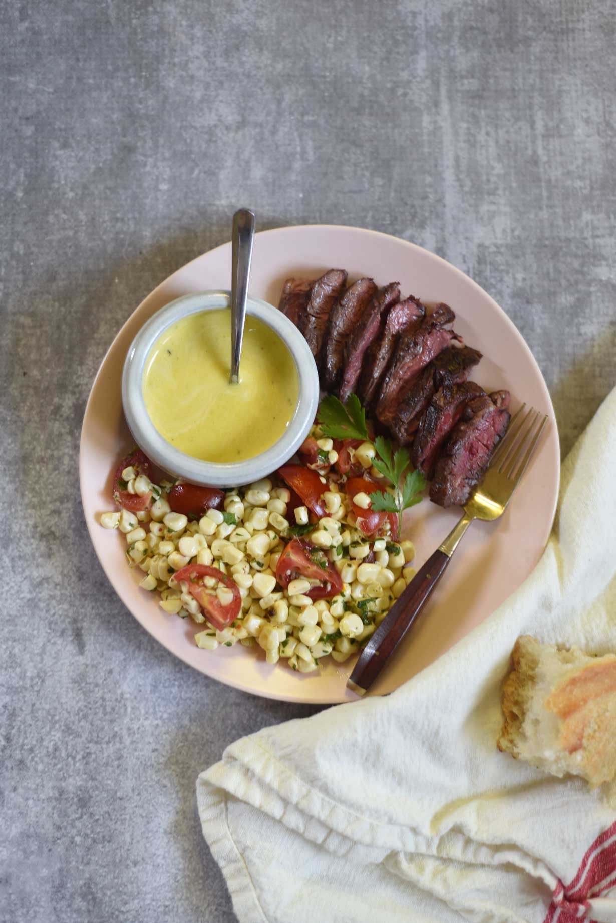Hanger Steak with Mojo Sauce and Lime-Marinated Corn Salad