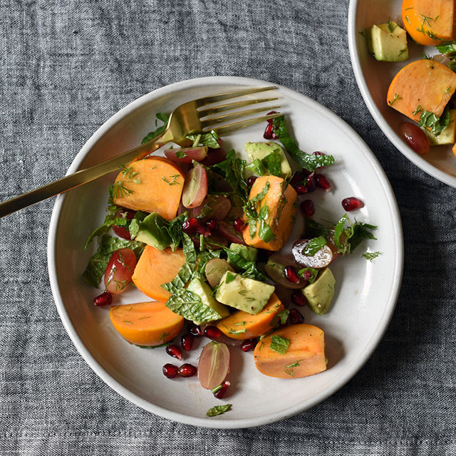 Persimmon Salad with Grapes, Avocado, and Walnuts