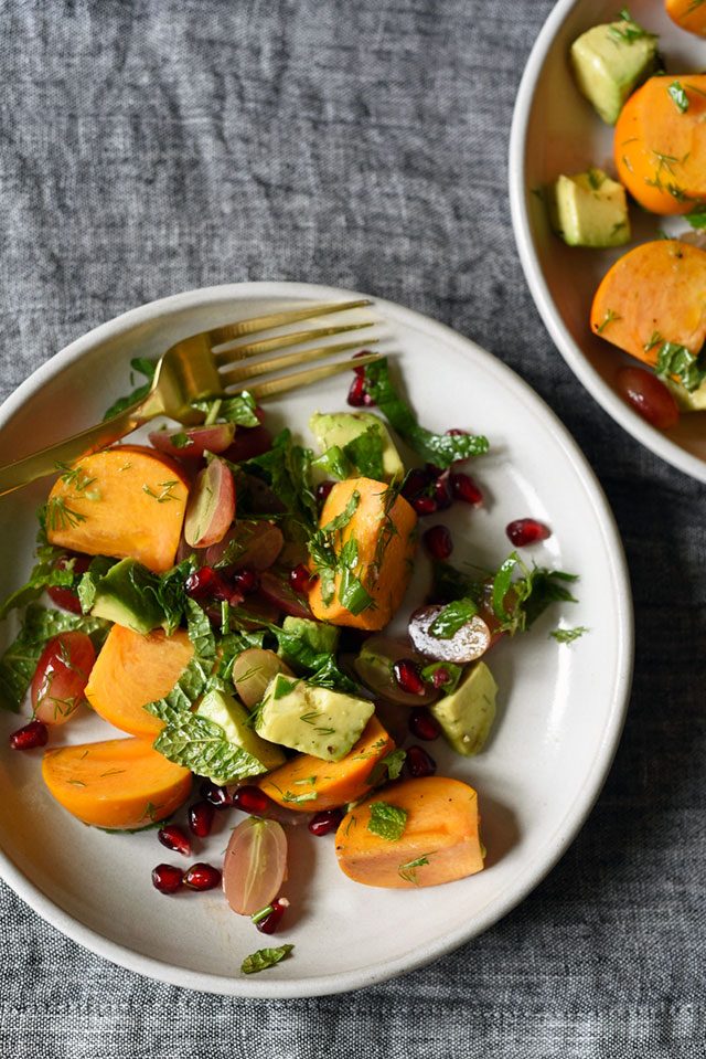 Persimmon Salad with Grapes, Avocado, and Walnuts