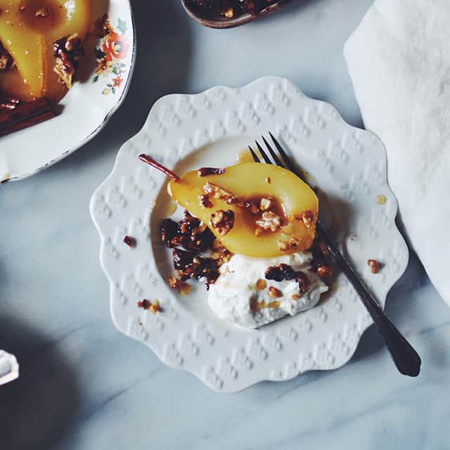 Cinnamon Roasted Pears with Walnut Brittle