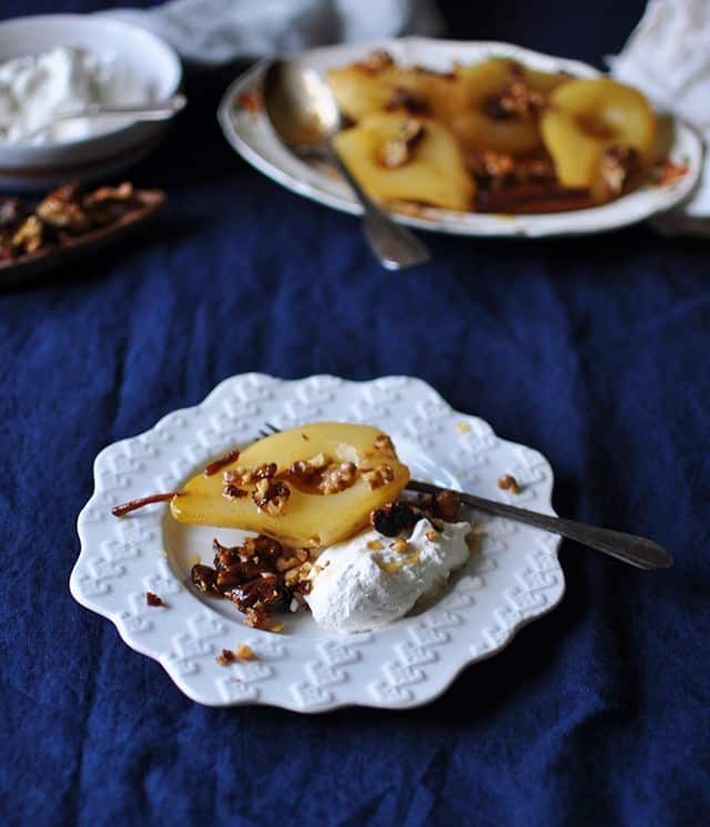 Cinnamon Roasted Pears with Walnut Brittle