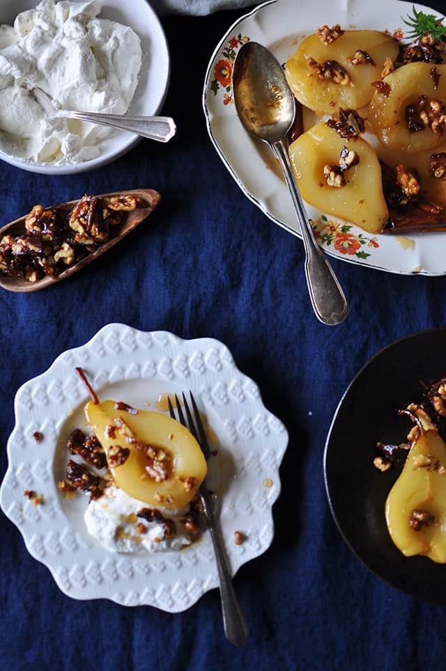 Cinnamon Roasted Pears with Walnut Brittle