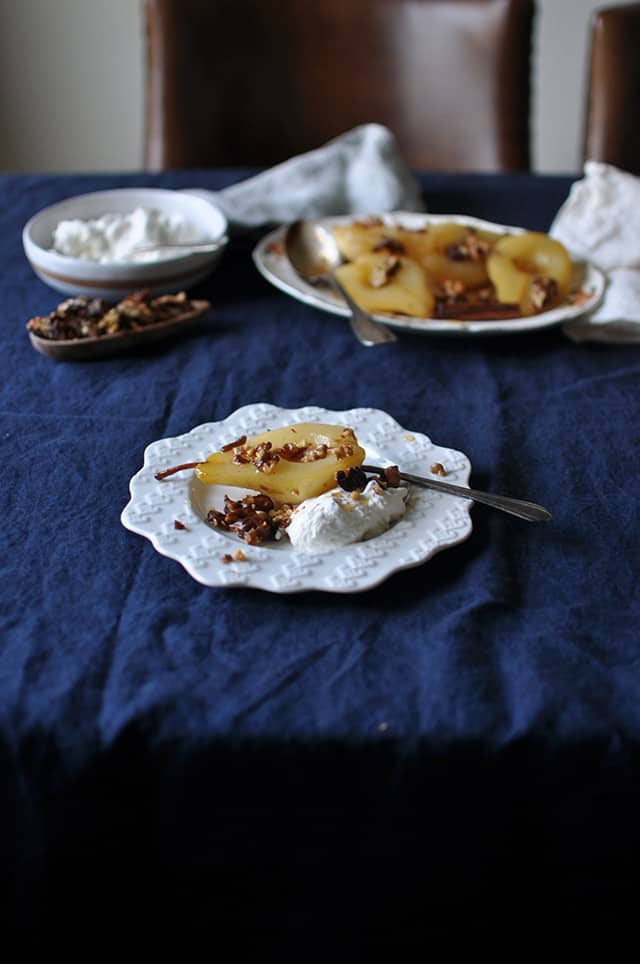 Cinnamon Roasted Pears with Walnut Brittle