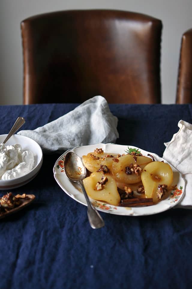 Cinnamon Roasted Pears with Walnut Brittle