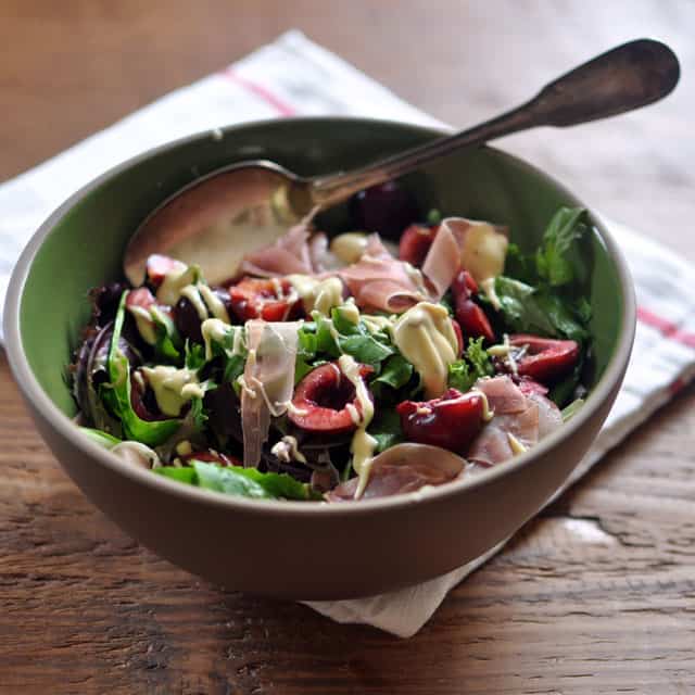 Cherry and Prosciutto Salad with Creamy Mustard Dressing