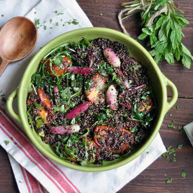 Slow Roasted Tomato, Black Quinoa, and Roasted Radish Salad with Honey-Lemon Dressing