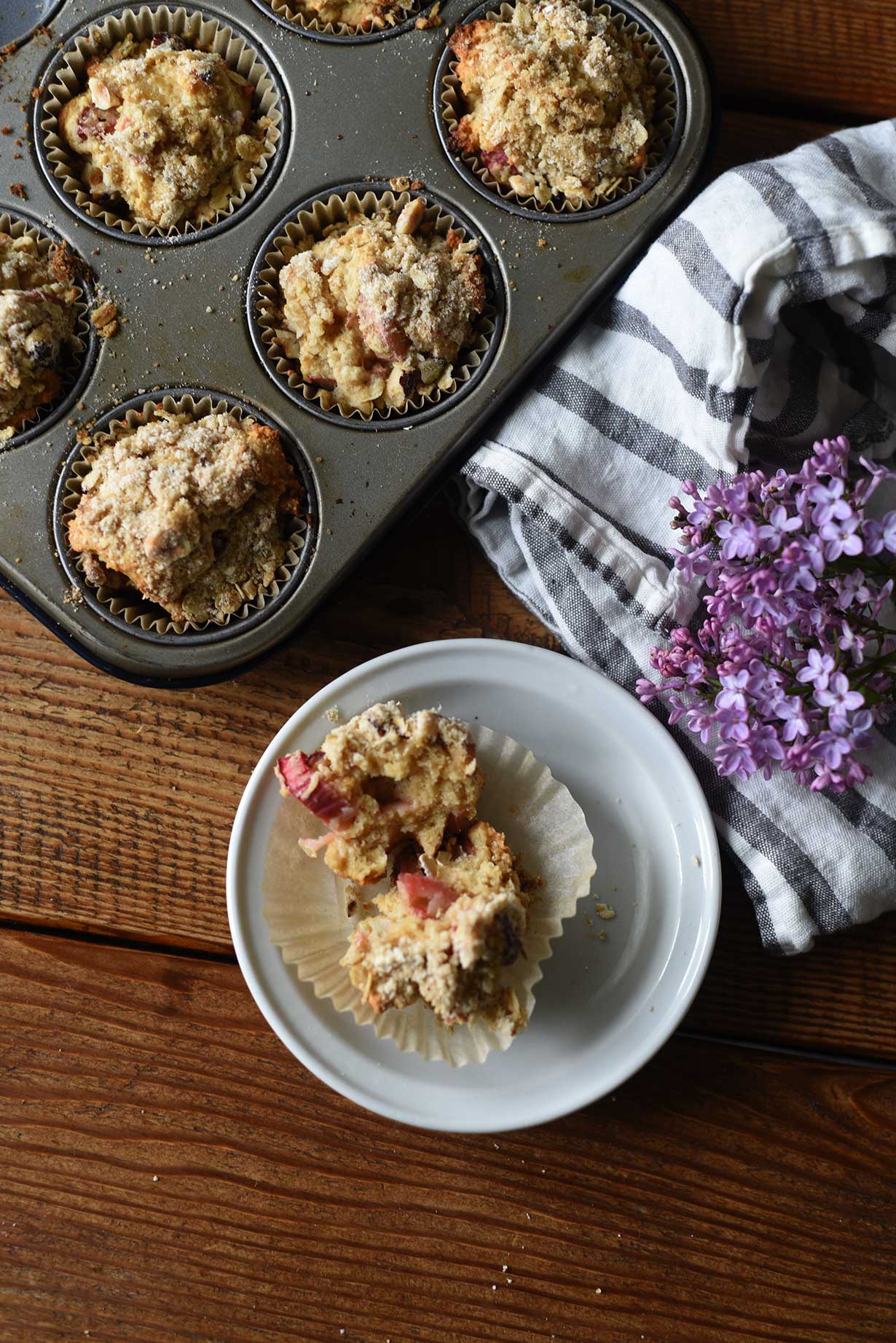 These Rhubarb Muffins with Candied Ginger are moist and super easy to make: all you need is a few bowls and a muffin pan! If you're looking for inspiring rhubarb recipes, look no further than this breakfast and snack time favorite.