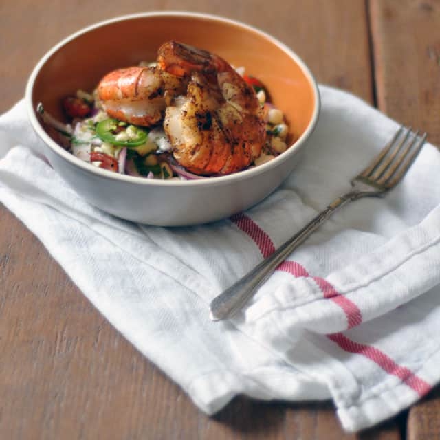 Corn and Jalapeño Slaw with Harissa-Dusted Giant Shrimp