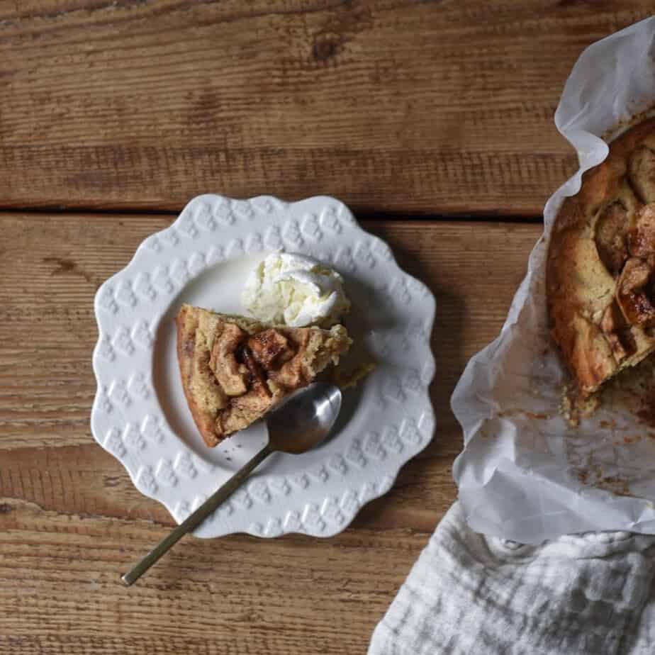 This easy apple cake is moist, sky high, and rich without being too unhealthy. It made with whole wheat pastry flour and Greek yogurt. Get the recipe!