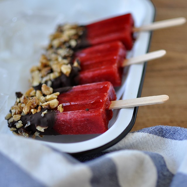 Chocolate-Walnut Dipped Strawberry Popsicles