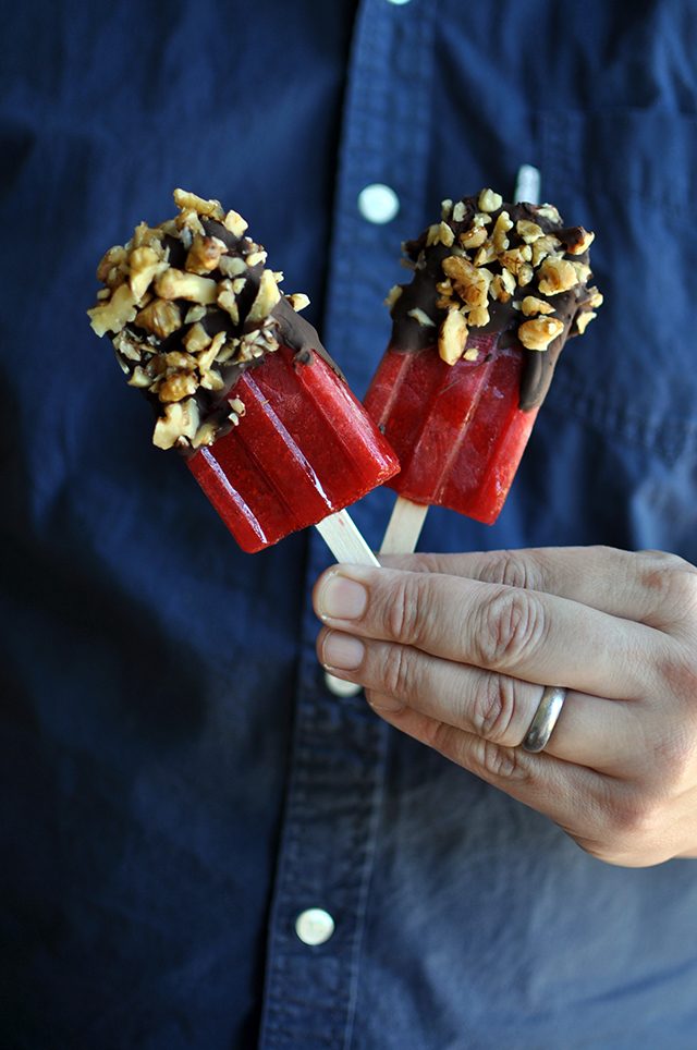 Chocolate-Walnut Dipped Strawberry Popsicles