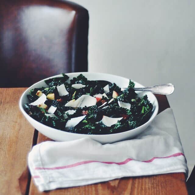 Kale Salad with Apples, Dates, and Warm Pancetta Vinaigrette