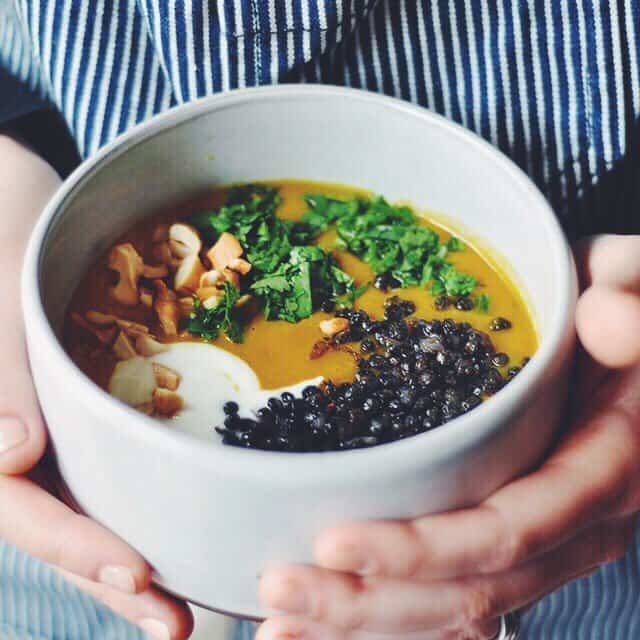 Curried Sweet Potato Soup with Crispy Black Lentils