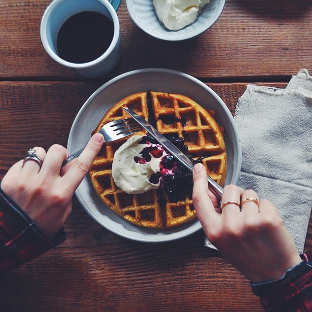 Whole Wheat Belgian Waffles with Cooked Berries and Whipped Cream