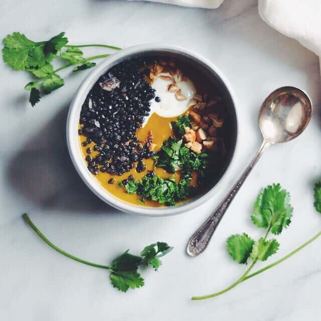 Curried Sweet Potato Soup with Crispy Black Lentils