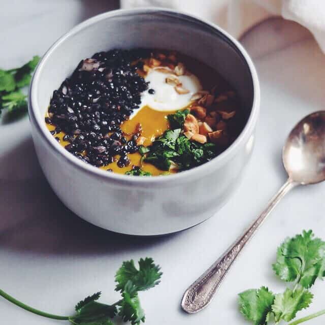 Curried Sweet Potato Soup with Crispy Black Lentils