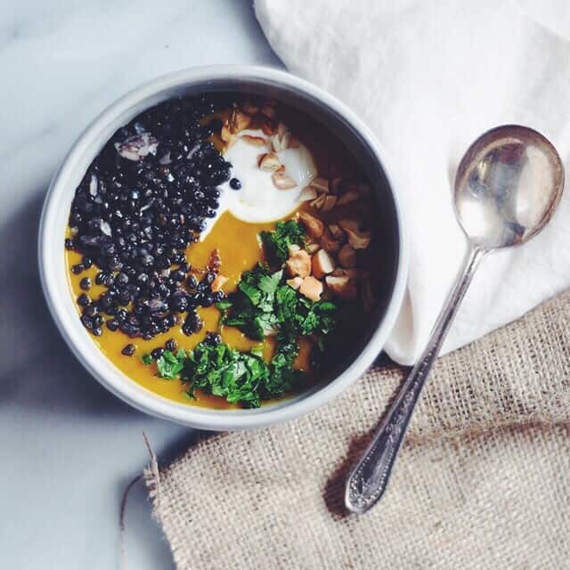 Curried Sweet Potato Soup with Crispy Black Lentils