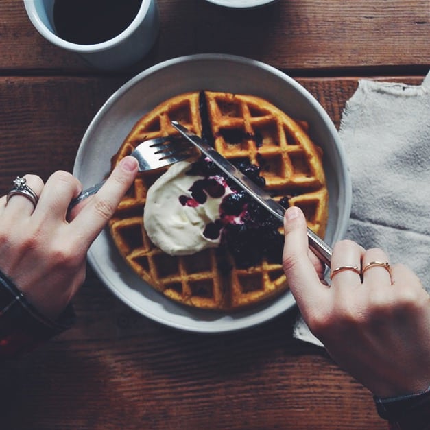 Whole Wheat Belgian Waffles with Cooked Berries and Whipped Cream