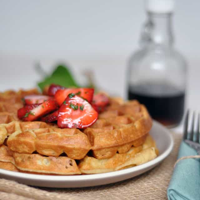 Cardamom and Nutmeg Waffles with Minted Strawberries