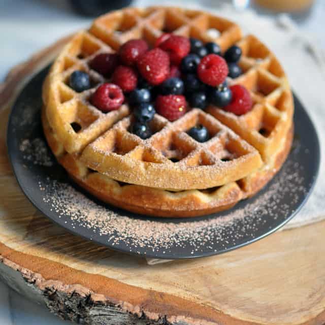 Yeasted Waffles with Berries and Cocoa Sugar