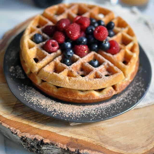 Yeasted Waffles with Berries and Cocoa Sugar